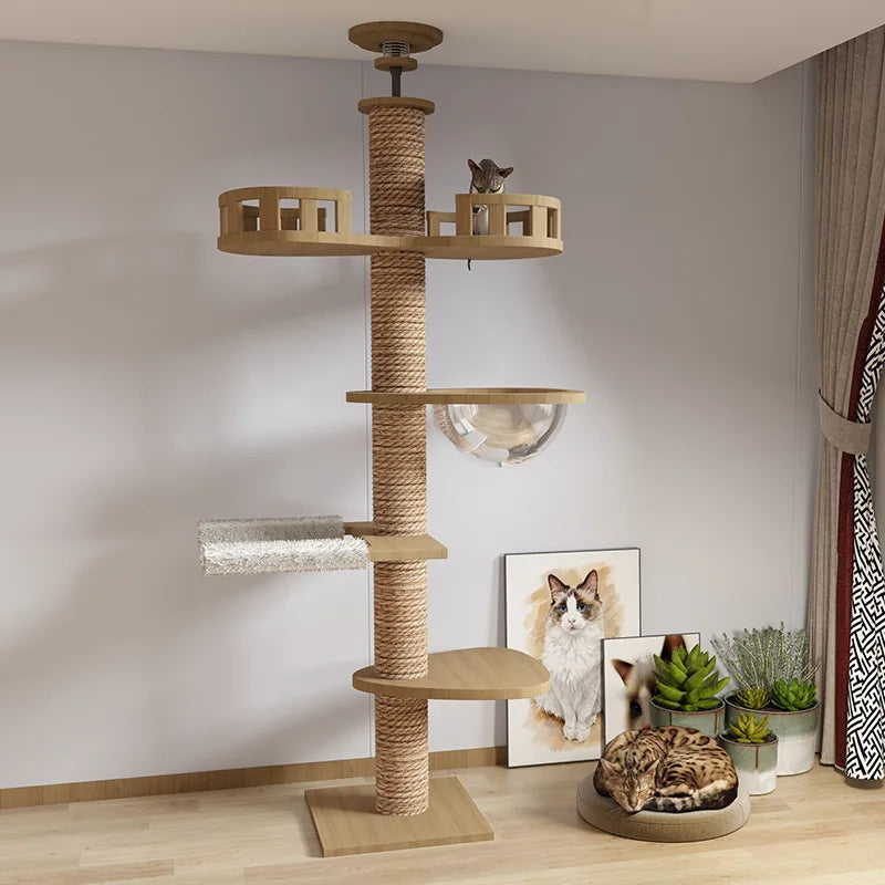 WHselect Wall Tower – Verstelbare Houten Kattenklimtoren met Krabplanken (240–270 cm)