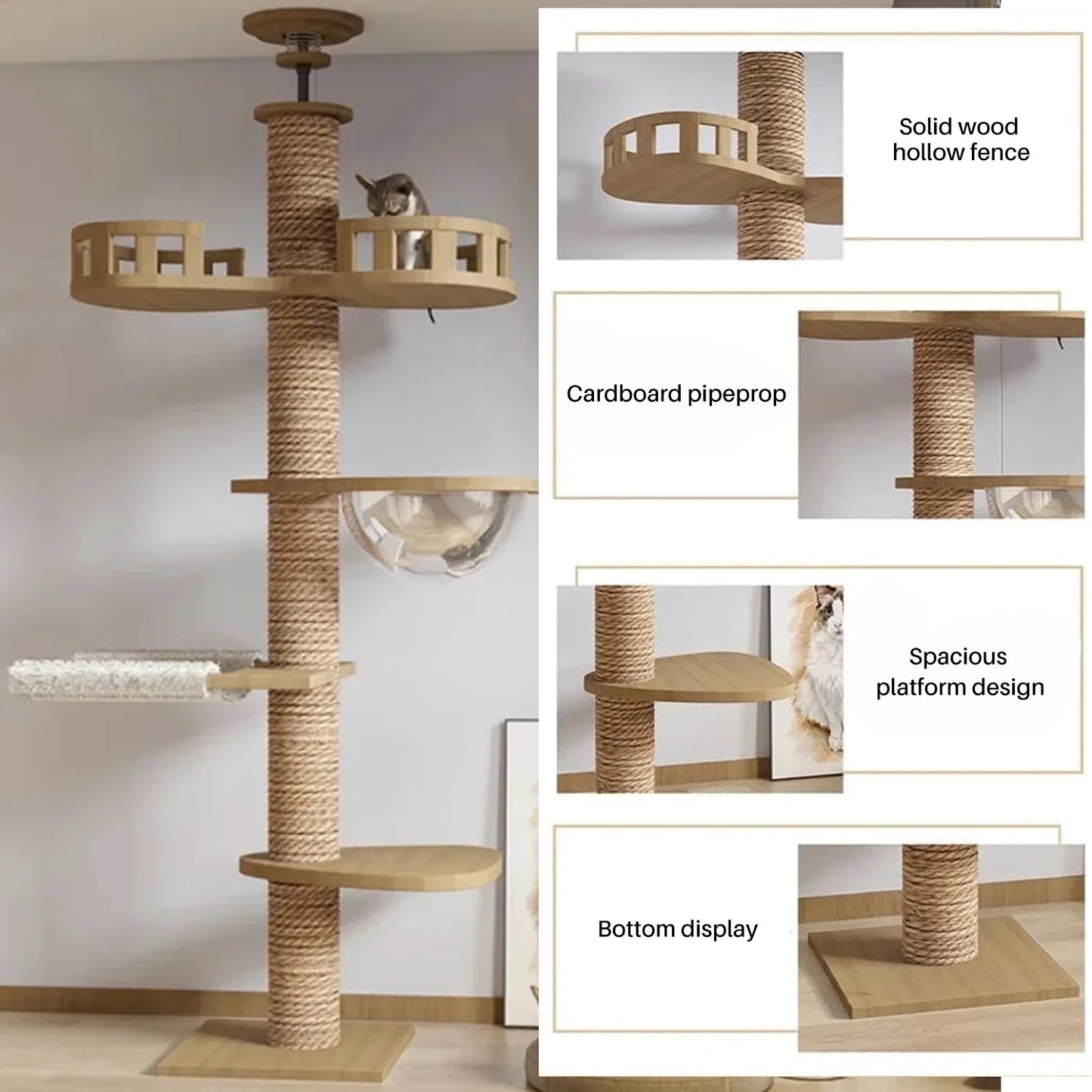 WHselect Wall Tower – Verstelbare Houten Kattenklimtoren met Krabplanken (240–270 cm)