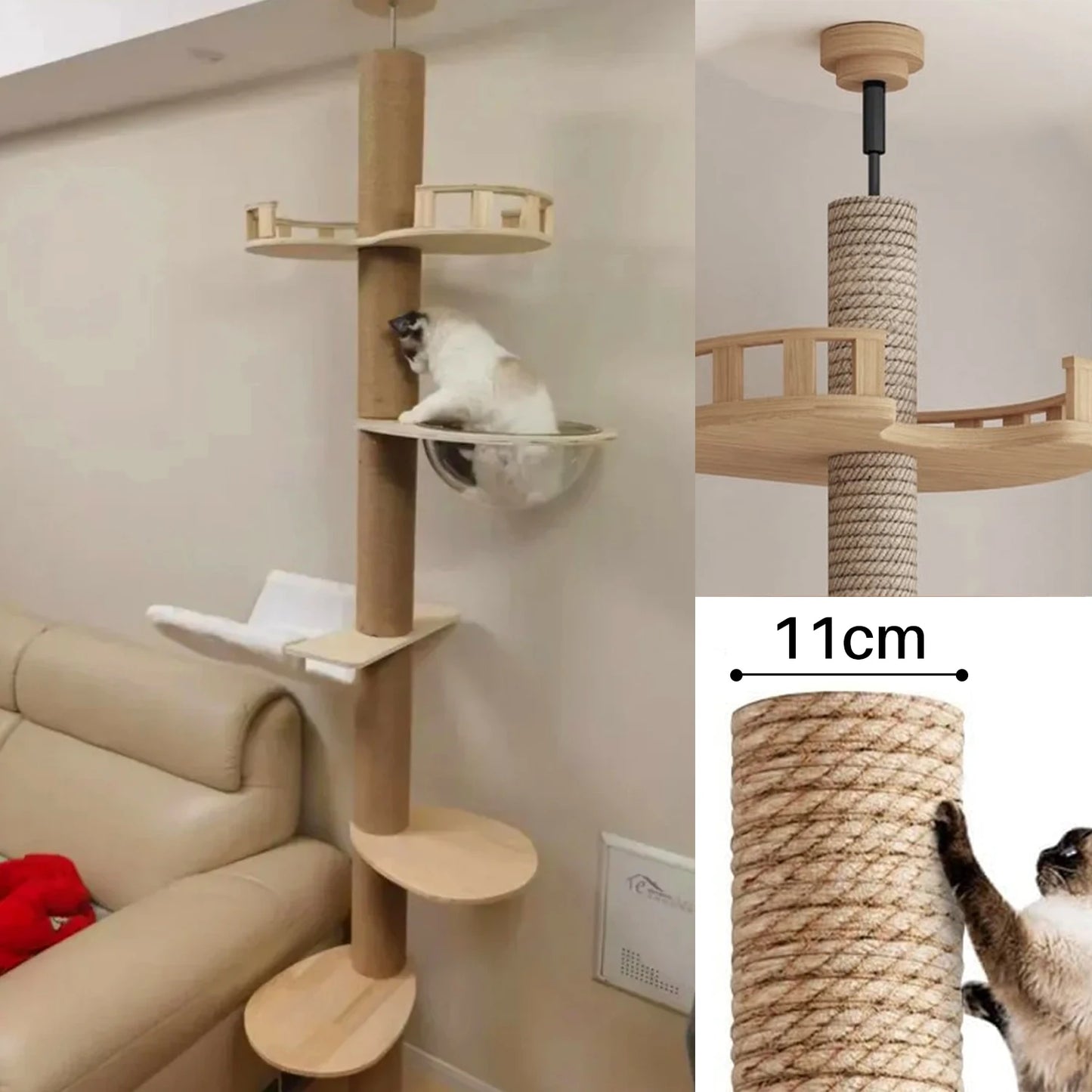 WHselect Wall Tower – Verstelbare Houten Kattenklimtoren met Krabplanken (240–270 cm)