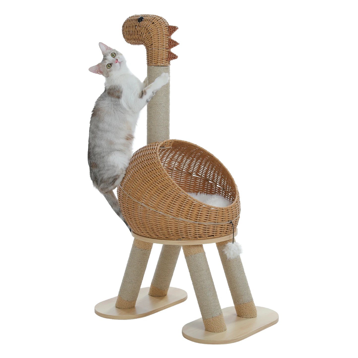 WHselect DinoCat Tower – Unieke Krabpaal met Rattan Kattenhuis & Speelzones (116cm)
