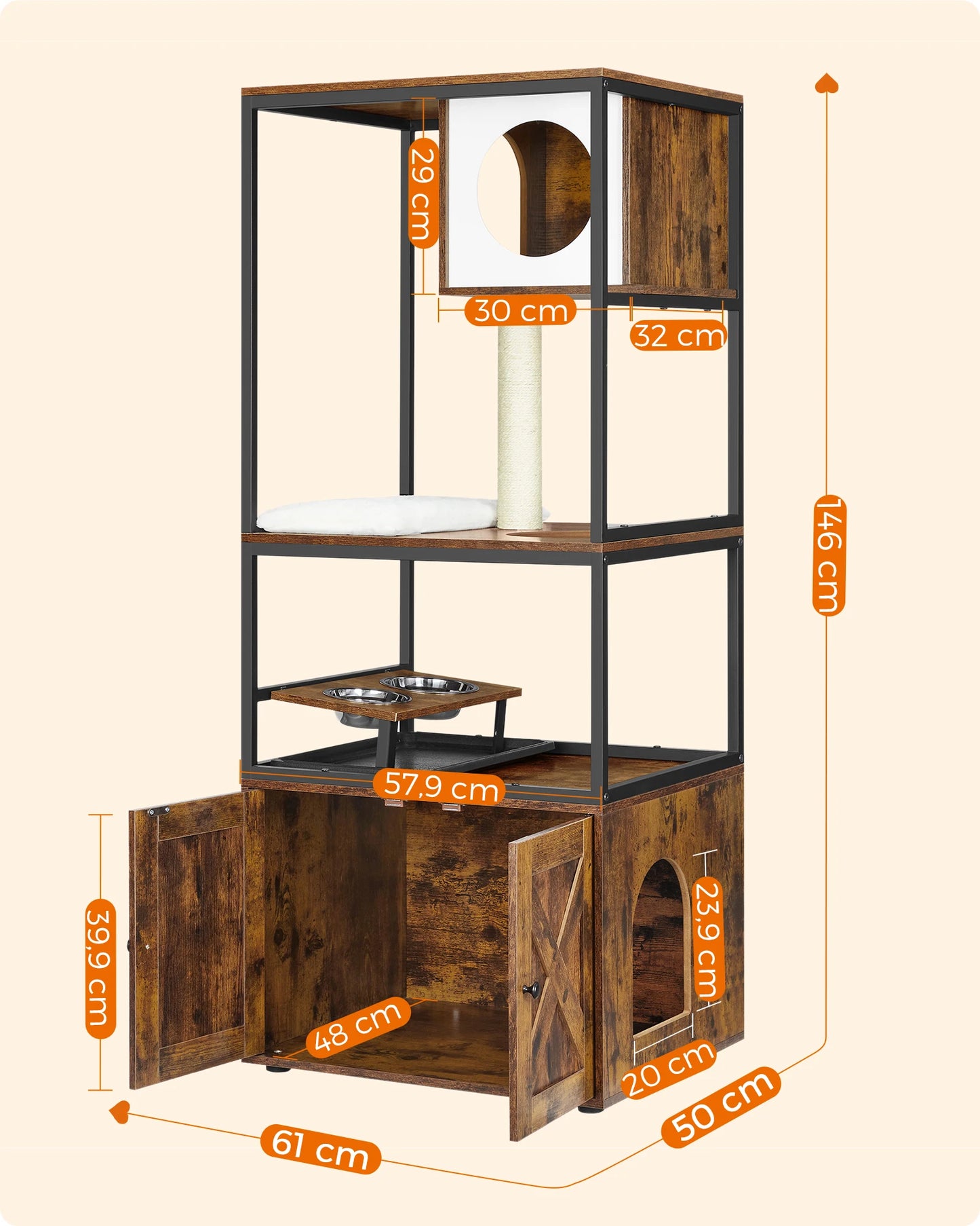 WHselect Royal Cat Mansion – Luxe 4-Lagen Kattenhuis met Krabpaal, Voerplek & Kattenbakruimte (146cm)