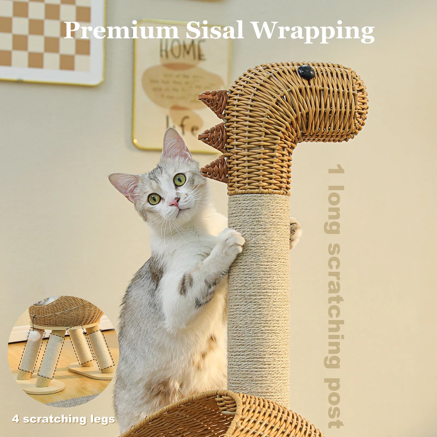 WHselect DinoCat Tower – Unieke Krabpaal met Rattan Kattenhuis & Speelzones (116cm)