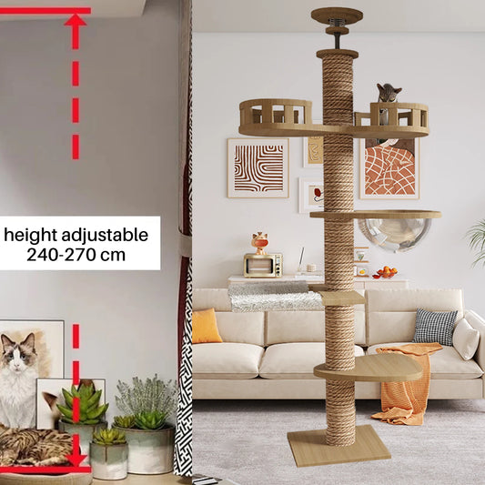 WHselect Wall Tower – Verstelbare Houten Kattenklimtoren met Krabplanken (240–270 cm)