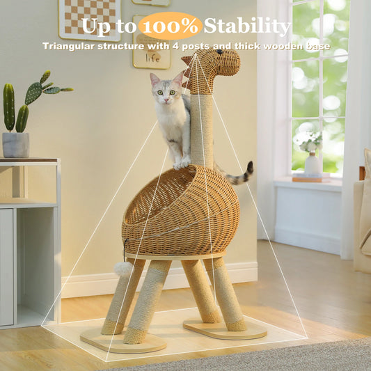 WHselect DinoCat Tower – Unieke Krabpaal met Rattan Kattenhuis & Speelzones (116cm)